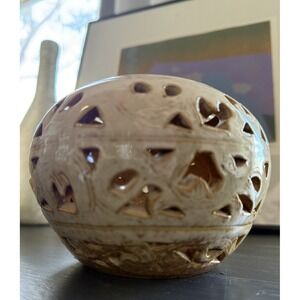 Vintage Art Pottery Pot Vase/candle Intricate Cutouts, Ceramic Glazed 4.25" Tall